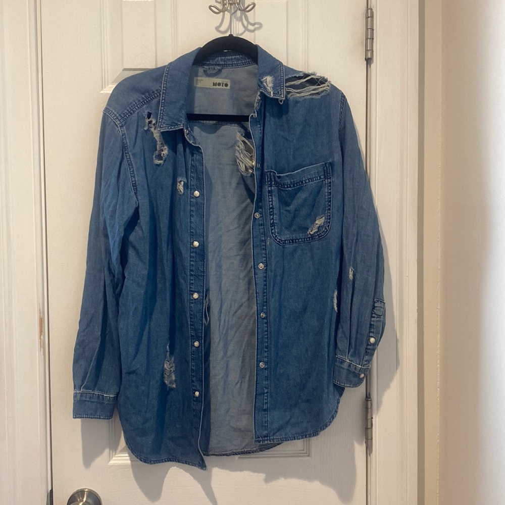 Topshop destroyed denim button down shirt